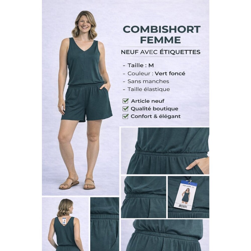 Combishort Femme Sans Manches Neuf avec Étiquettes – Taille M – Vert Foncé